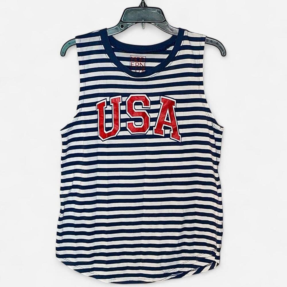 Modern Lux USA Patriotic Blue Striped Graphic Sleeveless Shirt - Size XL